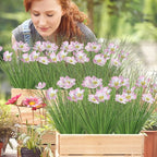 24 Bundles Artificial Flowers for Outdoors Onion Grass UV Resistant Greenery Stems Weed Artificial Fake Shrubs Grass Plant with Flowers Bushes Decoration for Indoor Outdoor Garden Office Home