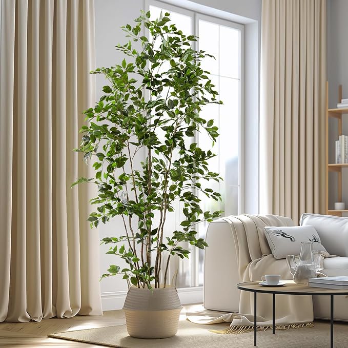 Bailikang Artificial Ficus Tree Indoor 8ft, Large Potted Faux Tree with Realistic Silk Leaves & Trunk for Home Office, Living Room Corner Decor