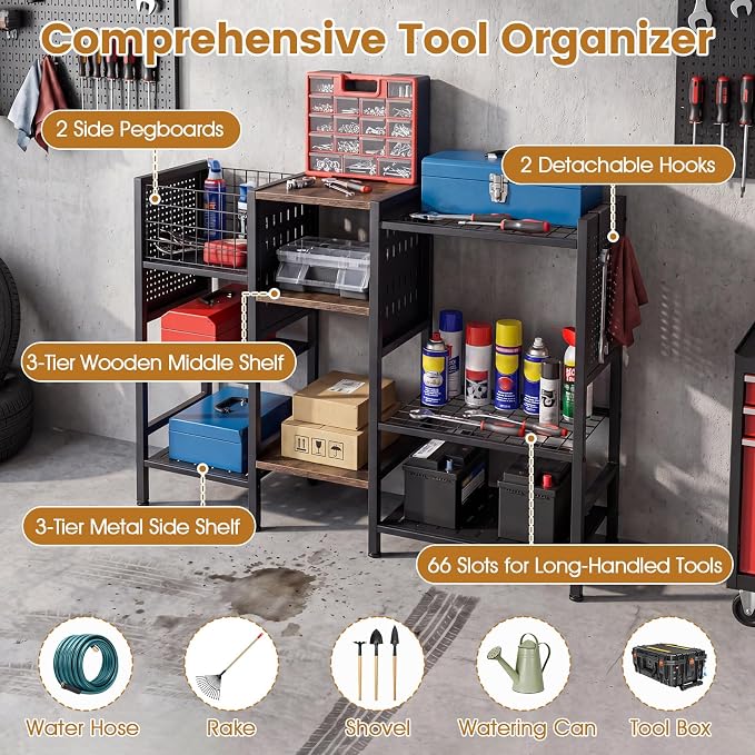 Goplus Garden Tool Organizer with Wooden Shelves, 40” Wide 3-Tier Yard Freestanding Storage Rack Holds up to 66 Long Handled Shovels, Rakes & Brooms, Heavy-Duty Tool Holder for Garage, Shed & Lawn