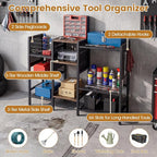 Goplus Garden Tool Organizer with Wooden Shelves, 40” Wide 3-Tier Yard Freestanding Storage Rack Holds up to 66 Long Handled Shovels, Rakes & Brooms, Heavy-Duty Tool Holder for Garage, Shed & Lawn