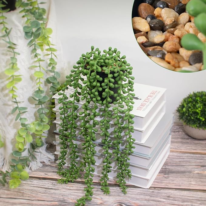 LOYWREE Fake Plants Indoor Artificial String of Pearls Plant in Black Pots, Realistic Green Faux Succulent Hanging Plants for Shelf Decor Desk Home Garden Decorations