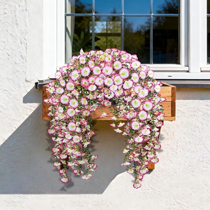 Artificial Hanging Flowers for Outdoors, 2 PCS 300 Blooms UV Resistant Morning Glory Faux Silk Vines, No-Odor Realistic Fake Plants for Garden Planter Porch Patio Decoration, Pink
