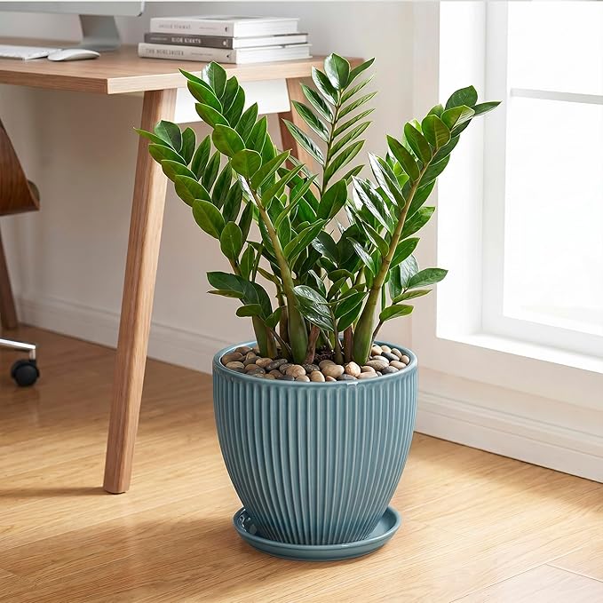 10 Inch Plant Pot, Ceramic Flower Pots with Drainage Hole and Saucer, Round Modern Planters for Indoor Plants, Decorative Plant Pots, Home Patio Decor, Plant Lover Gifts, Glaze Blue
