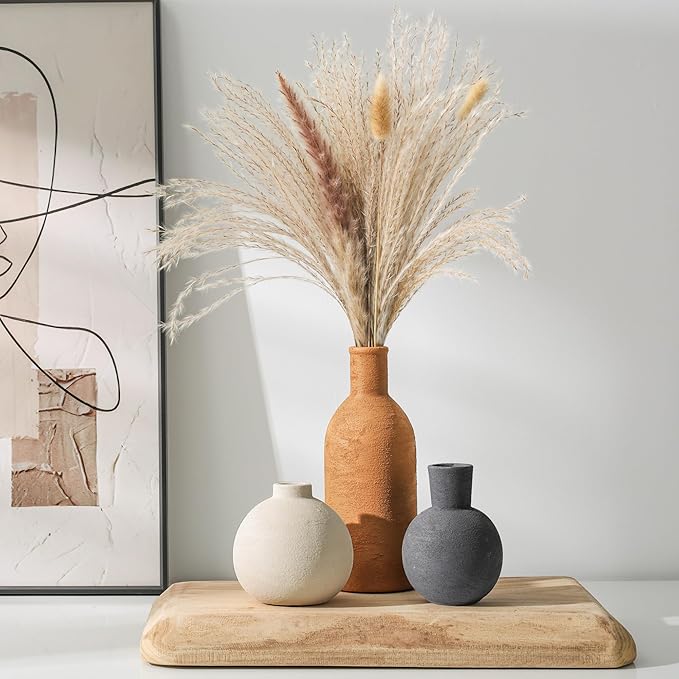 Ceramic Vase Set, Small Rustic Distressed Flower Vases in Pottery Decor, Modern Boho Farmhouse Decor for Pampa Grass, Dried & Fresh Flower, Decorative Vase for Living Room, Kitchen, Entryway, Rust Red