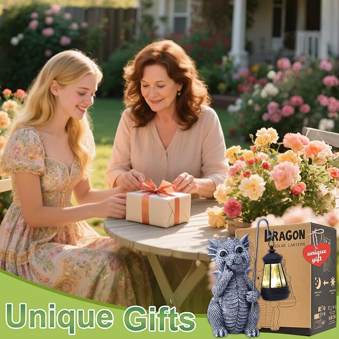 Qeeman Solar Dragon Garden Decor Statues: Patio Porch Balcony Yard Art Lawn Ornaments Outdoor Outside Decorations - Birthday Gifts for Mom Grandma Women