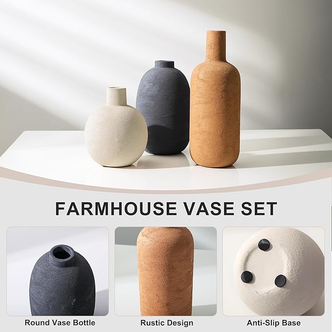 Ceramic Vase Set, Rustic Distressed Large Flower Vases in Pottery Decor, Modern Boho Farmhouse Decor for Pampa Grass, Dried & Fresh Flower, Decorative Vase for Living Room, Kitchen, Entryway, Rust Red
