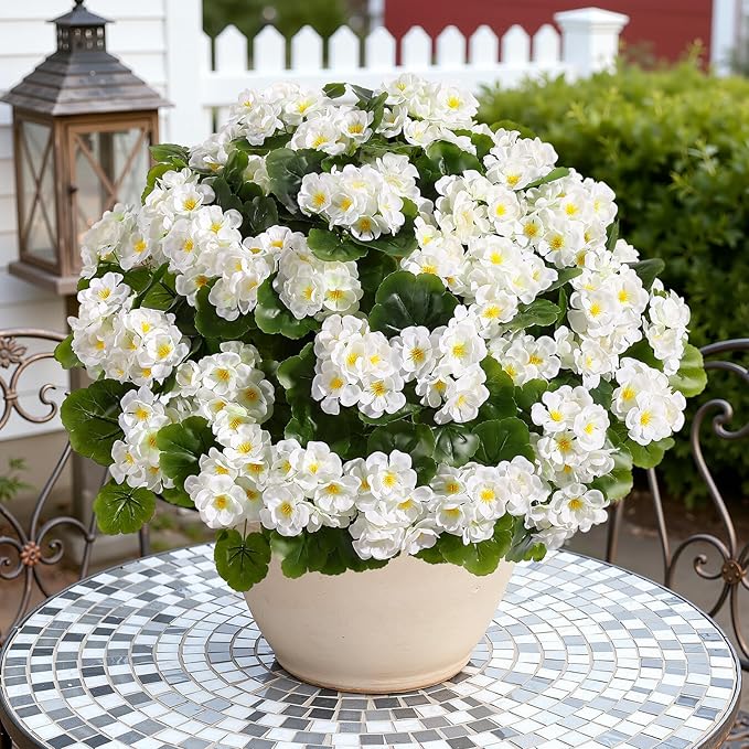 Alupssuc 16Pcs Artificial Geranium Flowers for Outdoors Decoration Silk Floral, UV Resistant Fake Plants, Faux Flower for Porch Garden Table Centerpieces Home Indoor Outside Spring Decor(8, White)