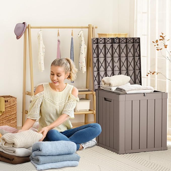PatioZen 50 Gallon Resin Deck Box, Lockable Patio Outdoor Storage Box for Furniture, Garden Tools and Tools Storage, Waterproof Outside Storage Boxes - Grey