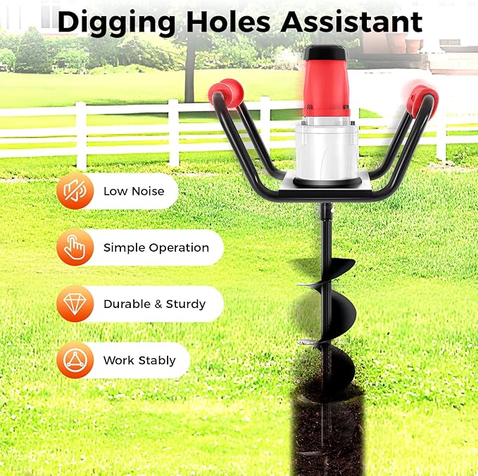 1500W Electric Post Hole Digger with 6-inch Auger Bit & Extension Rod, 1.6HP Pure Copper Motor Earth Auger Post Hole Digger for Fence Post Digging, Tree Planting, 190-200 RPM High Rotational Speed