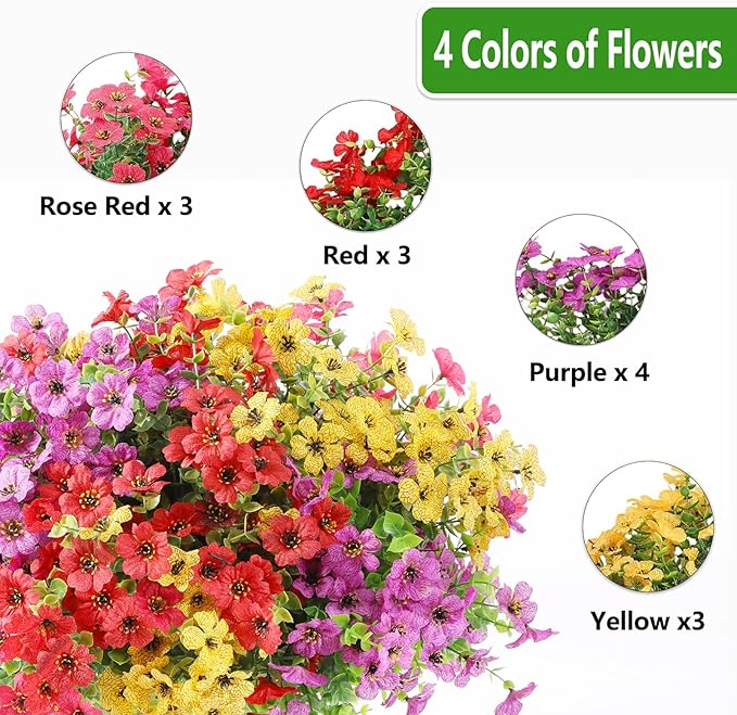 Artificial Flowers Fake Plants for Outdoors Spring Decoration, 13Bundles Silk Realistic UV Resistant Faux Flowers for Outside Planter Porch Yard Patio Garden Home Indoor, Mix