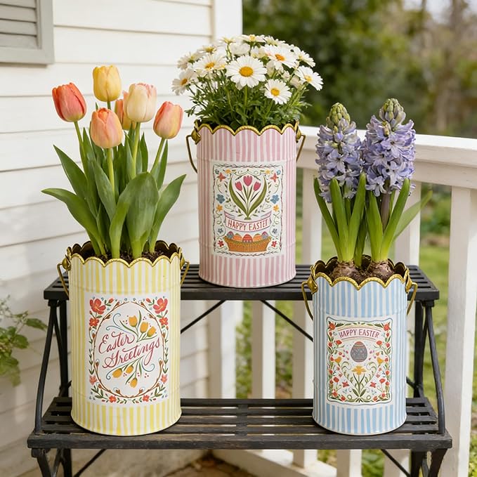 Set of 3 Vintage Floral Metal Bucket, Multi-Size Planters for Flowers & Easter Egg Containers, Rustic Garden & Home Decor