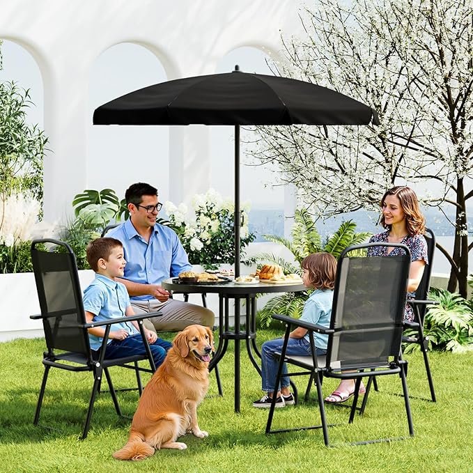 TAVATA Patio Dining Set with Umbrella, Patio Table and Chairs Set with Round Glass Table, 4 Folding Chairs, 6 Piece Outdoor Furniture Sets for Garden, Lawn, Backyard, Deck (Black)