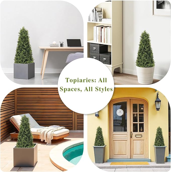 3ft Artificial Boxwood Topiary Trees (Set of 2) - UV Resistant Faux Plants Outdoor, Realistic 36in Fake Cone Bushes and Shrubs for Front Porch, Planter, Patio, Evergreen