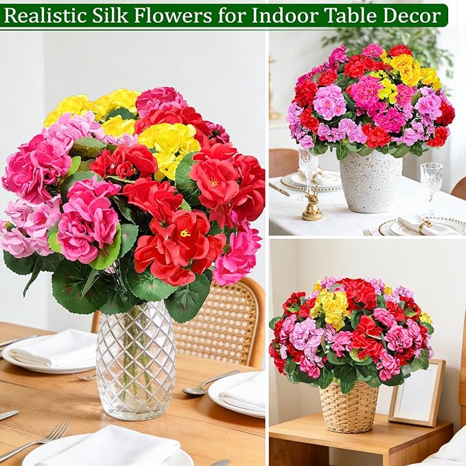 8 Bundles Artificial Geraniums Flowers for Outdoors Summer Decoration, Fake Flowers Silk Color Flowers UV Resistant No Fade Look Real Faux Plants for Porch Gardens Planter Patio Spring Cemetery Decor