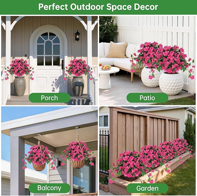 Artificial Bougainvillea Topiary Trees Set of 2, Pink Fake Shrubs Bushes with Ground Spike, Faux Evergreen for Porch Plants, UV Resistant Artificial Flowers for Outdoors Indoor Front Garden