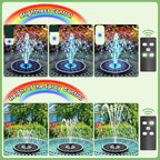 Yzert 2026 Remote Solar Powered Fountain, 6W Glass Bird Bath Fountain with 4000mAh Battery, 7 Nozzles, 4 Fixers & 8 Colorful LEDs, Adjustable Water Height for Outdoor Garden Pond Pool