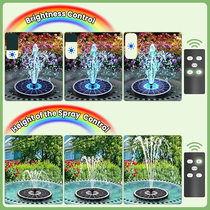 Yzert 2026 Remote Solar Powered Fountain, 6W Glass Bird Bath Fountain with 4000mAh Battery, 7 Nozzles, 4 Fixers & 8 Colorful LEDs, Adjustable Water Height for Outdoor Garden Pond Pool