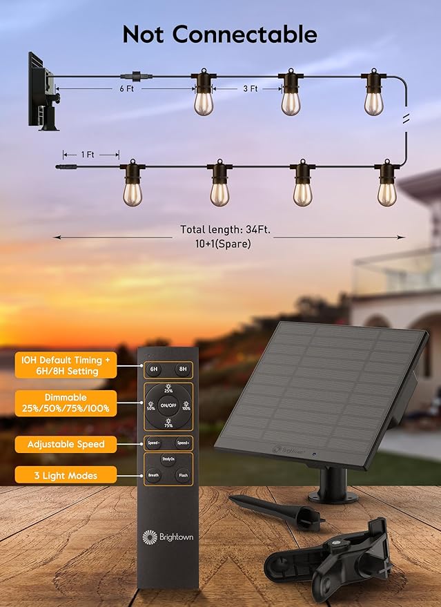 Brightown 55FT Solar String Lights Outdoor Waterproof, Patio Lights with Remote and 16+1 LED Shatterproof Bulbs, Dimmable & Timable, 3 Light Modes, Solar Lights Outdoor for Yard Garden Camping Party