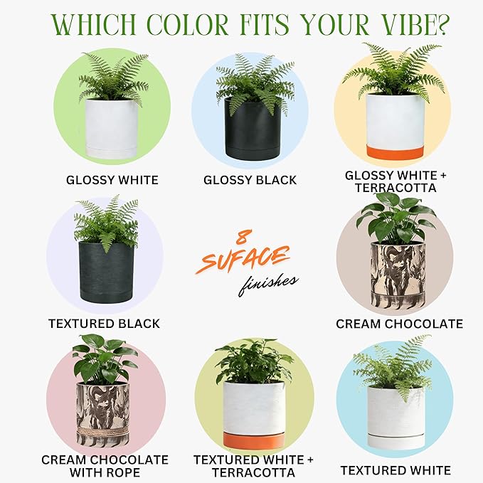 GreenShip Planter Set of 2 (15.7"& 13.7") – – Cylinder Planters with Drainage Hole and Planter Saucer, Jun Porcelain Clay & Recycled Resin, Decorate Home,Office & Outdoor, Black pots