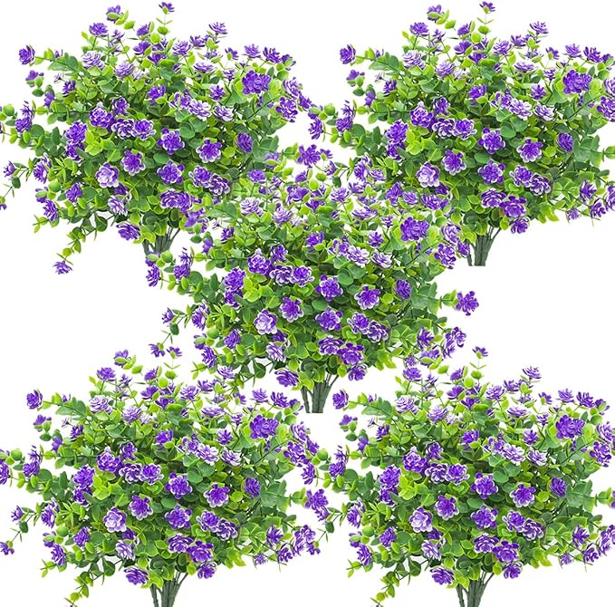 Grunyia 10 Bundles Artificial Fake Flowers, Faux Outdoor Plastic Plants UV Resistant Shrubs Outside Indoor Decorations (Blue-Eucalyptus)