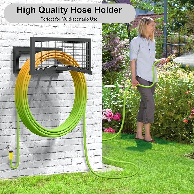 Garden Hose Holder Wall Mount, Heavy Duty Metal Water Hose Rack for Outside, Holds Up to 150FT, Storage Organizer, Easy Install, Black