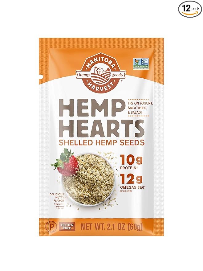 Manitoba Harvest Hemp Hearts, Shelled Hemp Seeds - 2.1oz, Pack of 12-10g Plant Protein & 12g Omega 3 & 6 per 30g serving - Easy to Digest with 9 Amino Acids - Gluten Free, Non-GMO Project Verified
