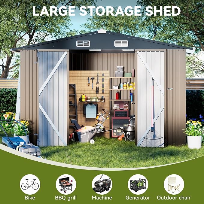 COMHOMA Shed Outdoor Storage Shed Metal,Lockable Doors Tool Sheds with Sloping Roof,Steel Garden Shed with Air Vent for Backyard,Patio,Lawn,Poolside (Brown, 10'x12')