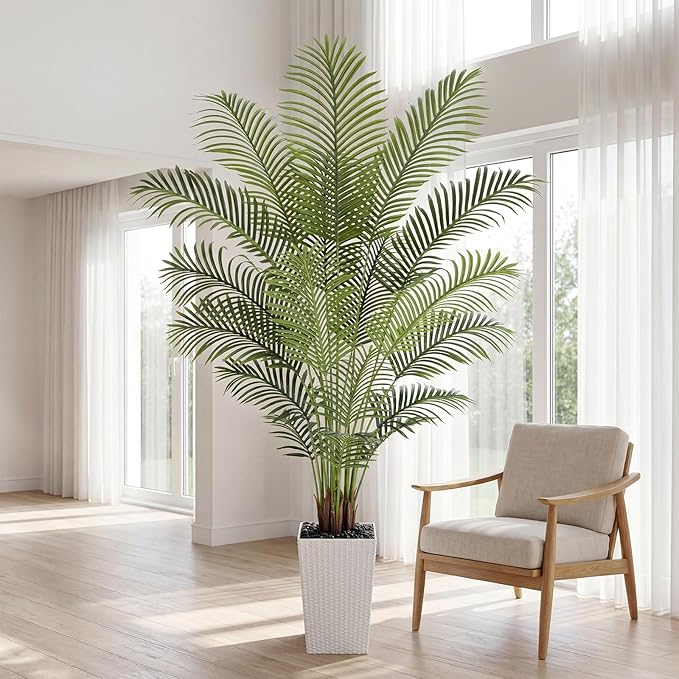 7ft Artificial Palm Tree with White Planter - Tall Fake Palm Tree Indoor Fake Tropical Plant for Home Office Living Room Bedroom Modern Decor