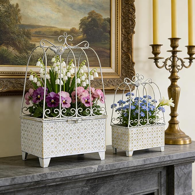 2-Piece Vintage Metal Birdcage Planter Set, Rustic Distressed Plant Holder, Farmhouse Floral Containers for Indoor Outdoor Garden, Patio & Tabletop Decor