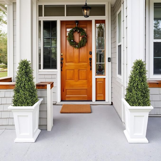 3ft Artificial Boxwood Topiary Trees (Set of 2) - UV Resistant Faux Plants Outdoor, Realistic 36" Fake Cone Bushes and Shrubs for Front Porch, Planter, Patio, Evergreen
