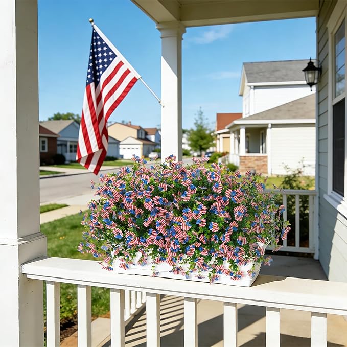 ADXORA 12 Bundles Artificial Flowers,Faux Plants for Spring Summer Decoration, UV Resistant Colorful Violets Eucalyptus for Outside Home Planter Porch Patio Yard Décor (Red,Blue,White)
