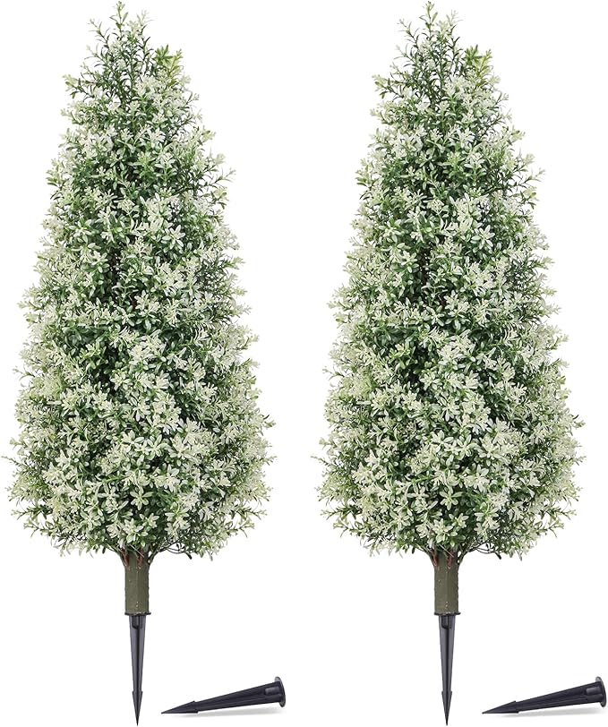 PATIO CHOICE 3ft Artificial Topiary Trees with Ground Spike Set of 2 Outdoor Faux Plants Realistic Faux Bushes and Shrubs Decorations for Outdoor Front Porch Garden
