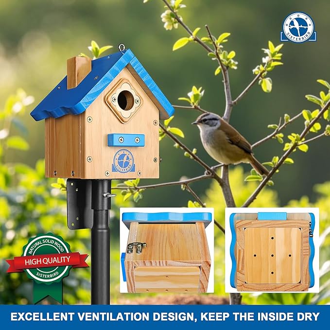 SISTERBIRD Wren Bird House for Outside, Premium Wooden Wren Bird Houses, Hanging Chickadee Bird House, Weatherproof Garden Decor Birdhouses for Outdoors, Blue Color Roof Bird Nesting Titmouse