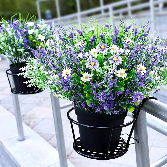 2 Pcs Artificial Potted Flowers for Outdoors - 16 Inch Large Pre-Assembly Purple Flowers Faux Plants Lavender Daisy for Outdoor Home Office Front Doors Patios Porches Yards Decor