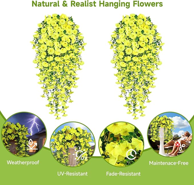 Artificial Hanging Flowers for Outdoors, 2 PCS 300 Blooms UV Resistant Morning Glory Faux Silk Vines, No-Odor Realistic Fake Plants for Garden Planter Porch Patio Decoration, Yellow