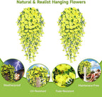 Artificial Hanging Flowers for Outdoors, 2 PCS 300 Blooms UV Resistant Morning Glory Faux Silk Vines, No-Odor Realistic Fake Plants for Garden Planter Porch Patio Decoration, Yellow