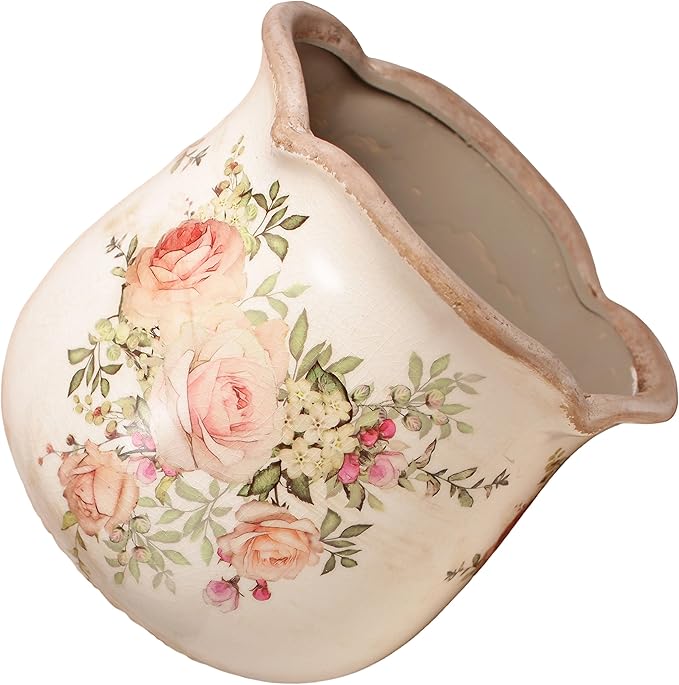 Ceramic Flower Vase, Rustic Farmhouse Vases & Planting Pots with Drainage, European Home Decor for Mantel Fireplace Bookshelf Wedding Centerpieces, Pink Rose Floral