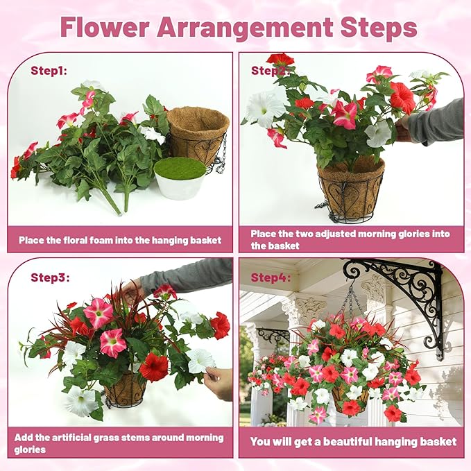 Artificial Flowers Hanging Baskets for Outdoors, 5PCS UV Resistant Faux Outdoor Plants, Fake Petunias Silk Flowers for Garden Balcony Yard Porch Decor (White Red Pink)