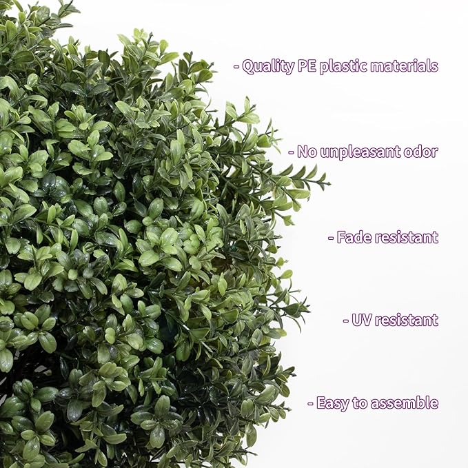 Artificial Boxwood Topiary Ball Tree Set of 2, 25.2" UV Resistant Artificial Outdoor Shrubs with Ground Spike, Decorative Evergreen Fake Topiary Bushes Plant for Front Porch Garden Decor