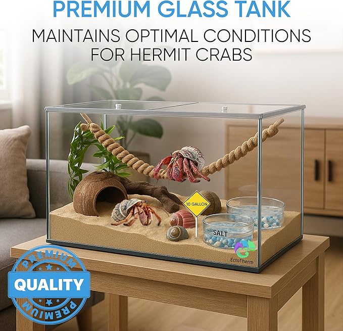EctoTherm Hermit Crab Tank - 10 Gallon Tank with Lid - Complete Hermit Crab Cage for Large & Small Crabs - Glass Tank
