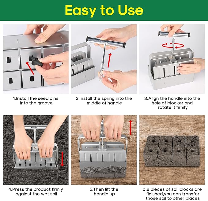 BlumWay Upgraded Soil Blocker, 8 Cell Seed Blocker 2 inch Quad Soil Block Maker Manual with 3 Types of Seed Pins,Hand-held Soil Blocking Tool for Seed Stater Tray Outdoor Plants