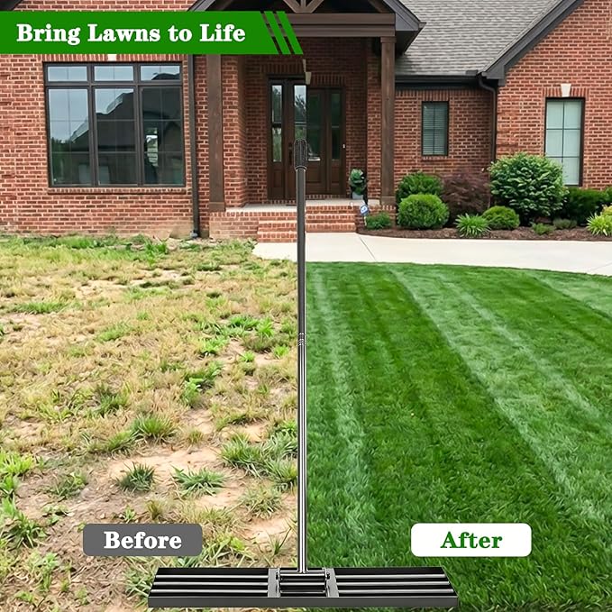 Lawn Leveling Rake 30x10 inch, Heavy Duty Ground Leveler for Soil, Sand, Effortless Smooth Use & Easy Assembly Stainless Steel Landscape Rake for Backyard, Garden, Golf Course, Black