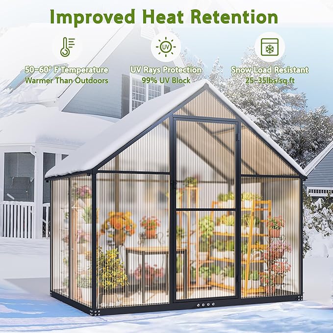 Wanan 6x4FT Greenhouses for Outdoors, Quick Assembly Polycarbonate Green House with UV Protection, Heavy Duty Windproof Aluminum Frame, Adjustable Roof Vent for Backyard or Outdoor Garden Use