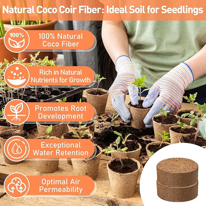 Riare 100 Pcs 50mm Organic Coco Coir Seed Starter Soil, Compressed Coconut Coir Potting Soil Mix for Seed Starting, Coconut Fiber Pellet for Planting Indoor & Outdoor Plants, Vegetables, Garden
