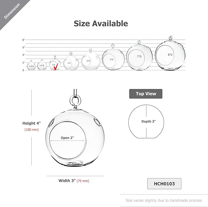 WGV Hanging Terrarium Globe, Width 3", Height 4", DIY Air Succulent Planter, Clear Glass Vase Orb with Flat Bottom, Candle Holder for Windowsill Outdoor Garden Decor, 1 Piece