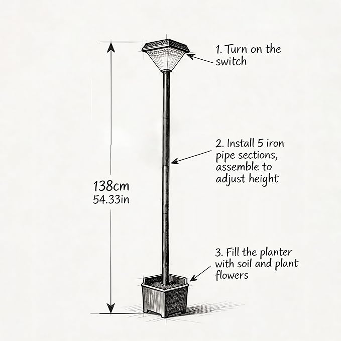 54" Solar Lamp Post with Planter, Outdoor Solar Post Lights - IP44 Waterproof, Diamond Lamp Head Design, White Lights Dusk to Dawn 6-8Hr, Easy Install for Lawn, Patio, Porch, Yard & Pathway Decor