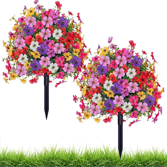 2 Pack Artificial Topiary Ball Tree with Ground Spike,23" Outdoor UV Resistant Fake Boxwood Bushes with Flower Violet,Shrub Faux Plants Evergreen Tree for Garden Porch Yard Patio Spring Decor