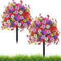 2 Pack Artificial Topiary Ball Tree with Ground Spike,23" Outdoor UV Resistant Fake Boxwood Bushes with Flower Violet,Shrub Faux Plants Evergreen Tree for Garden Porch Yard Patio Spring Decor