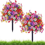 2 Pack Artificial Topiary Ball Tree with Ground Spike,23" Outdoor UV Resistant Fake Boxwood Bushes with Flower Violet,Shrub Faux Plants Evergreen Tree for Garden Porch Yard Patio Spring Decor