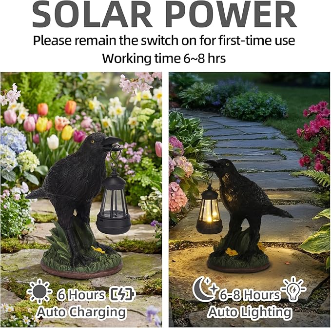Rempry Solar Garden Crow Statue Decor, Gothic Crow Light for Yard Lawn Patio Outdoor, Unique Birthday Housewarming Halloween Gifts for Mom Family, Friend